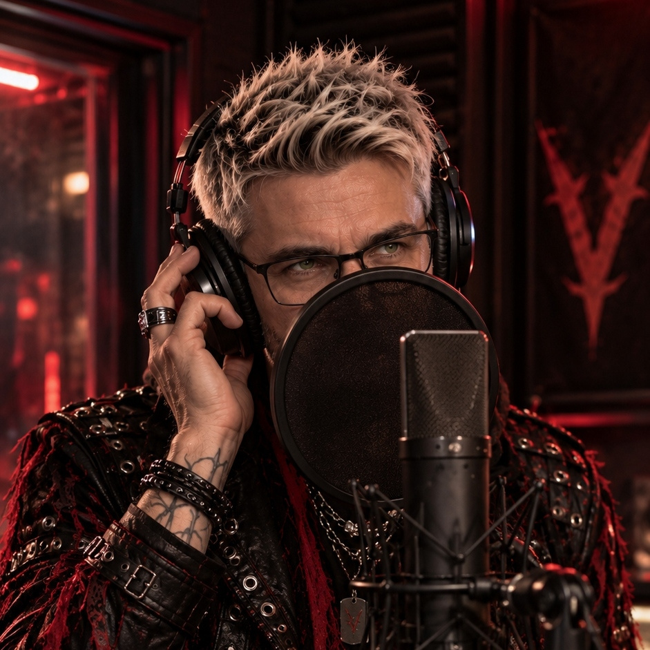 Kyō Kayobashi au microphone en studio, casque sur les oreilles